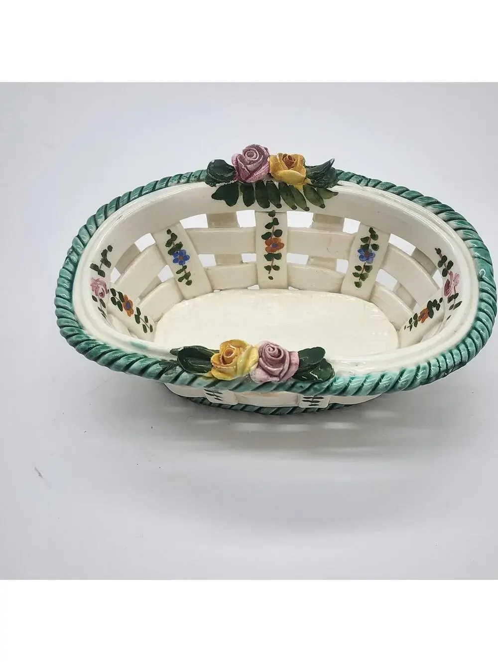 Vintage Italian Ceramic Basketweave Bowl Floral Roses Lattice Trinket Candy Dish